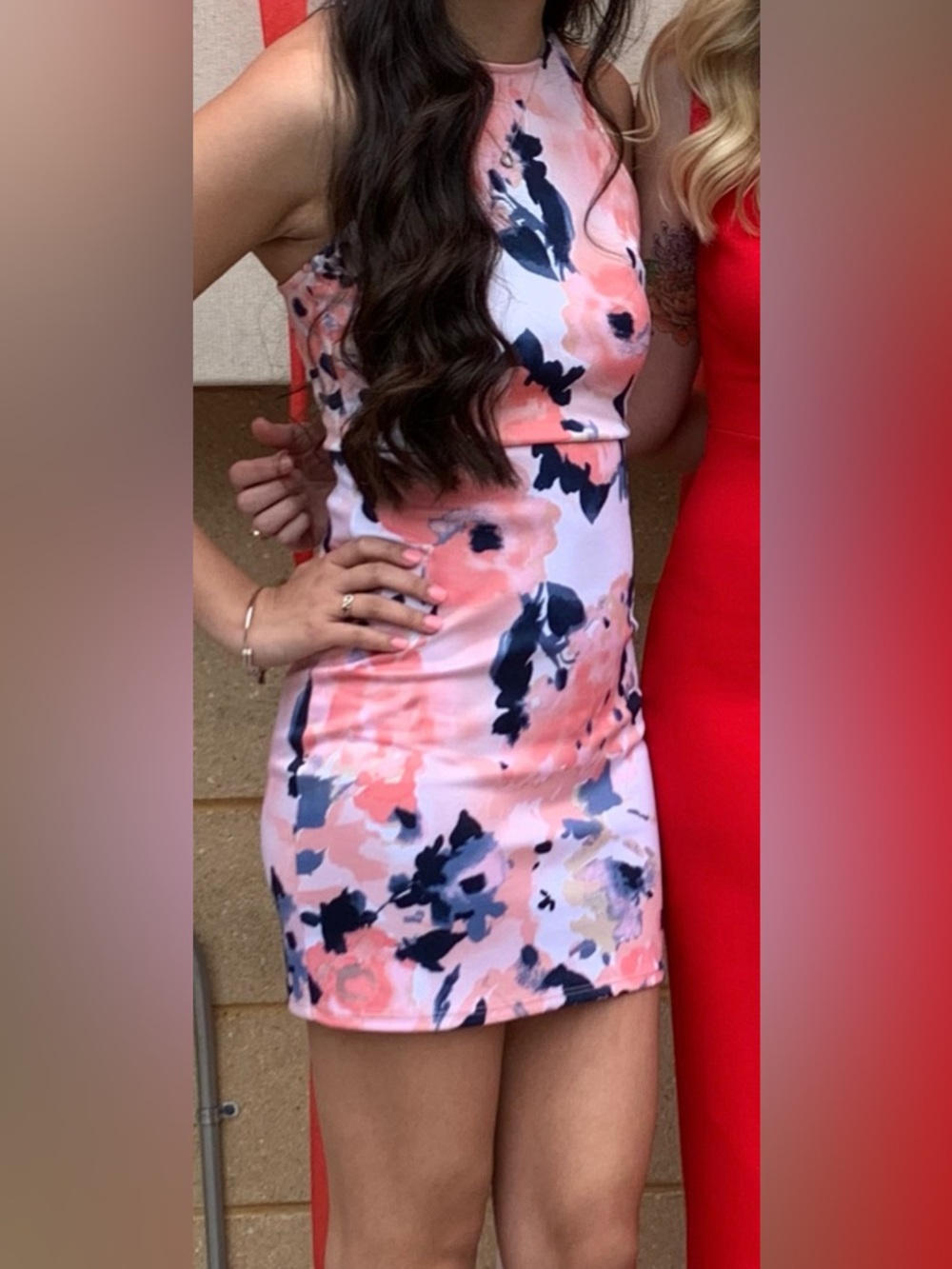 Floral Halter Sheath Dress in Coral and Navy